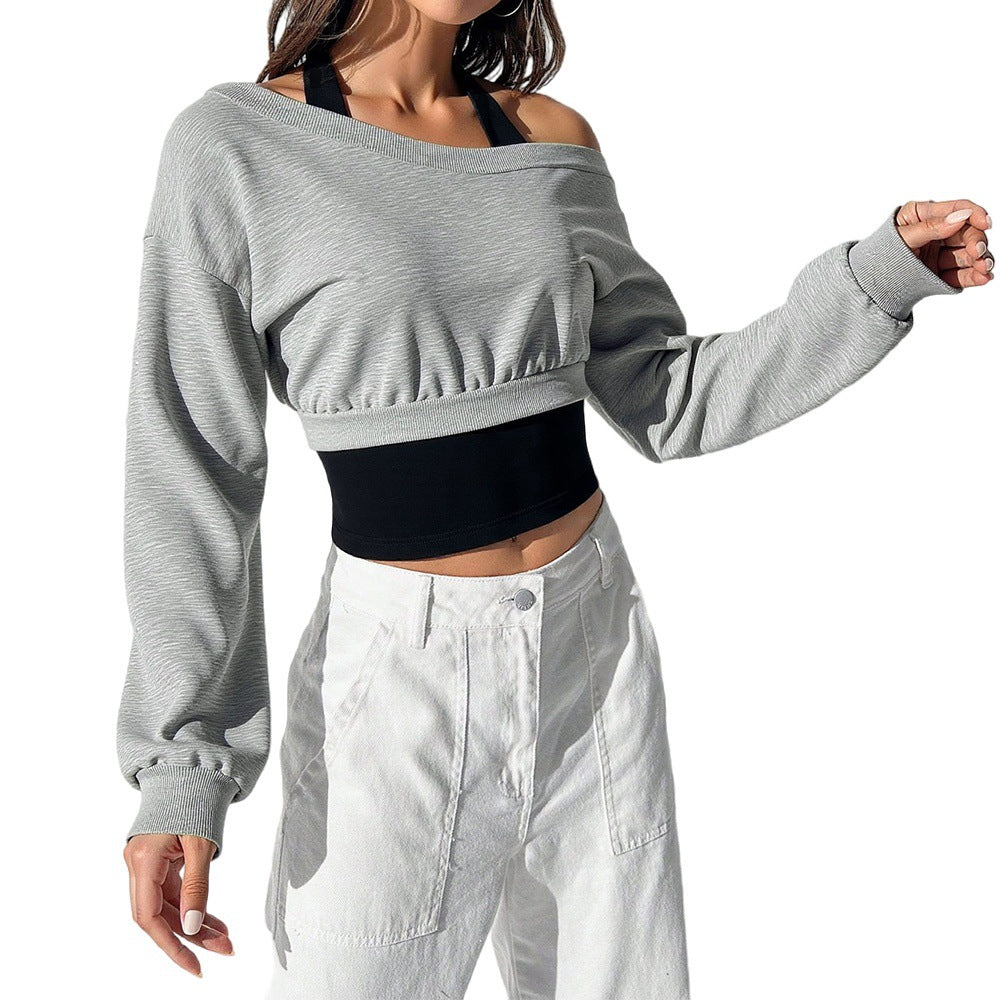 Damen cropped Sweatshirt mit weitem Carmen‑Ausschnitt, ballonärmeln und gerafftem Bund Shop Nory