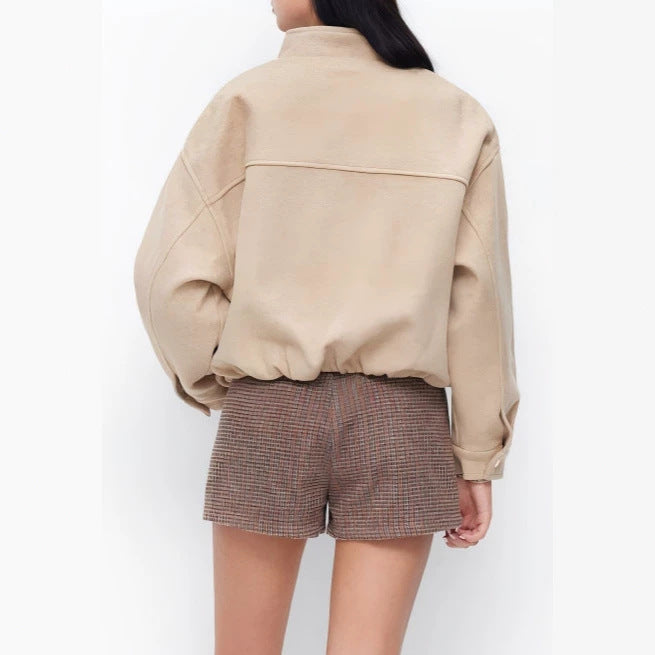 Damen Kurz geschnittene Wildleder‑Optik Bomberjacke mit Stehkragen und elastischem Saum Shop Nory