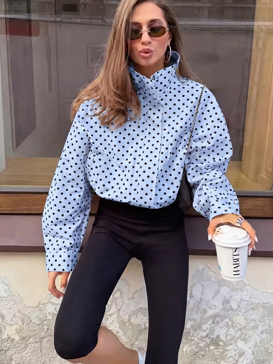 Damen Polka‑Dot Stehkragen‑Bluse mit oversized Ballonärmeln Shop Nory