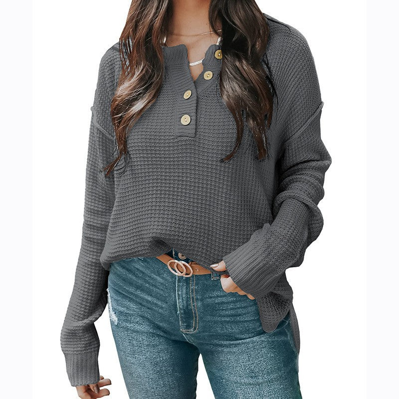 Damen nan lockerer Waffelstruktur Henley Pullover mit Knopfleiste und überschnittener Schulter Shop Nory