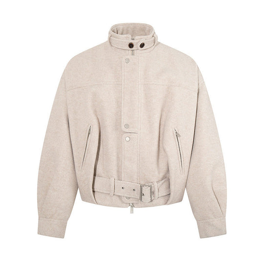 Damen kurze Woll-Bomberjacke mit hohem Stehkragen, Taillengürtel und verdeckter Reißverschluss Shop Nory
