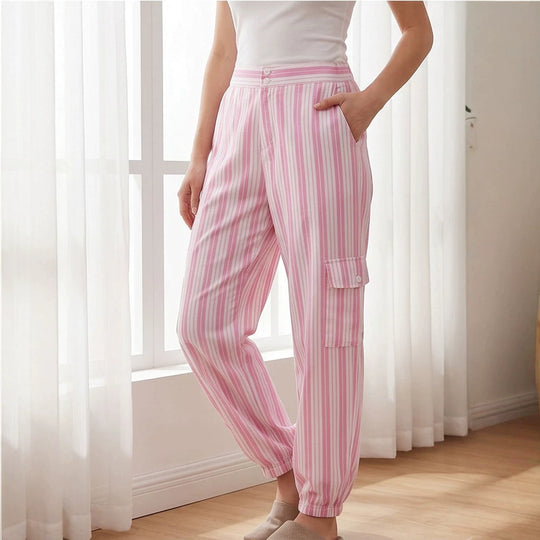 Damen Gestreifte Cargo-Loungehose mit hohem Bund, elastischem Knöchelabschluss und Pattentaschen Shop Nory