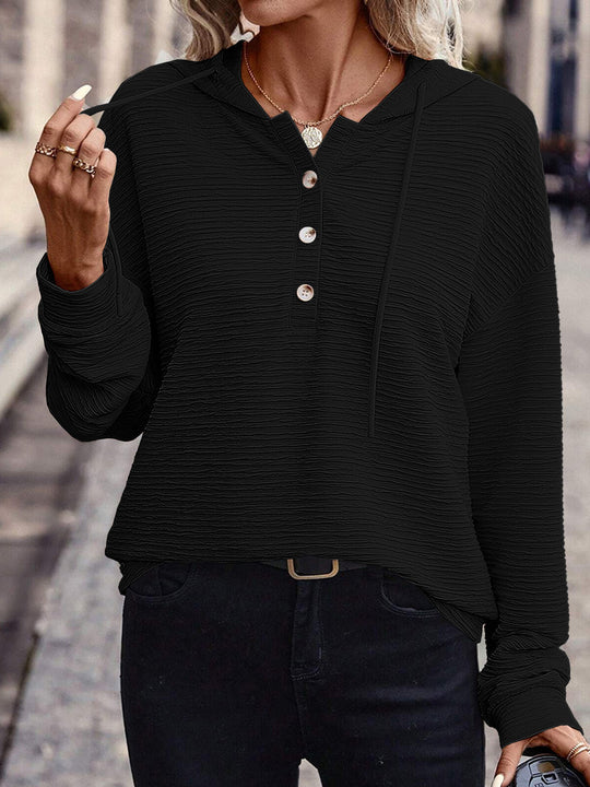 Damen Lässiges strukturiertes Kapuzen-Henley-Shirt mit Knopfleiste und Oversize-Schnitt Shop Nory