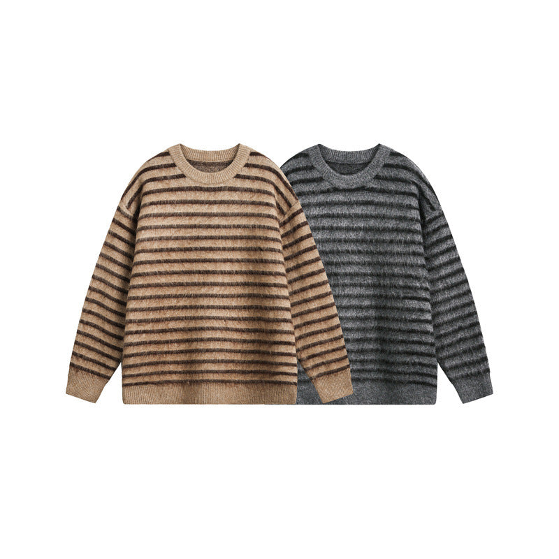 Unisex Oversize Gestreifter Flauschpullover mit Rundhalsausschnitt Shop Nory