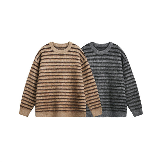 Unisex Oversize Gestreifter Flauschpullover mit Rundhalsausschnitt Shop Nory