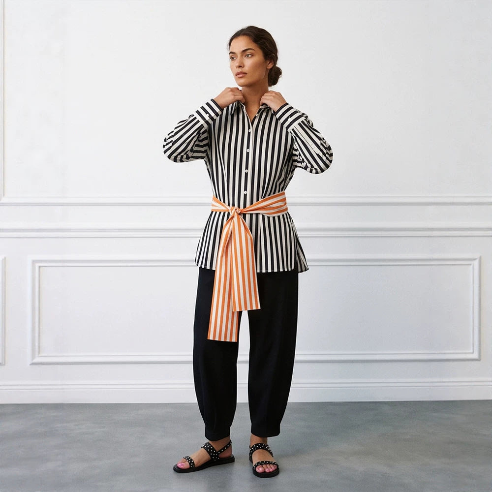 Damen Vertikalgestreifte Oversize‑Hemdbluse mit kastiger Silhouette und Bindegürtel Shop Nory