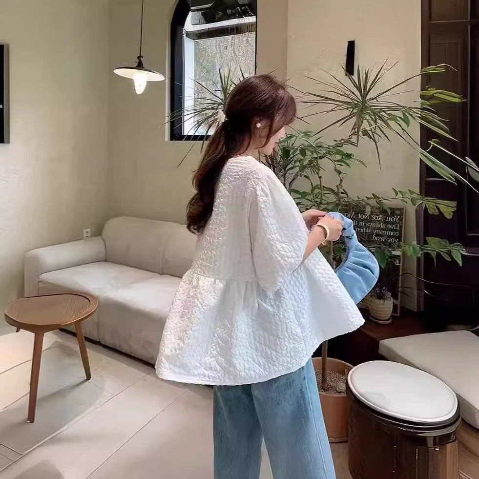 Damen Überweite Strukturierte Tunika-Bluse mit Ballonärmeln Shop Nory