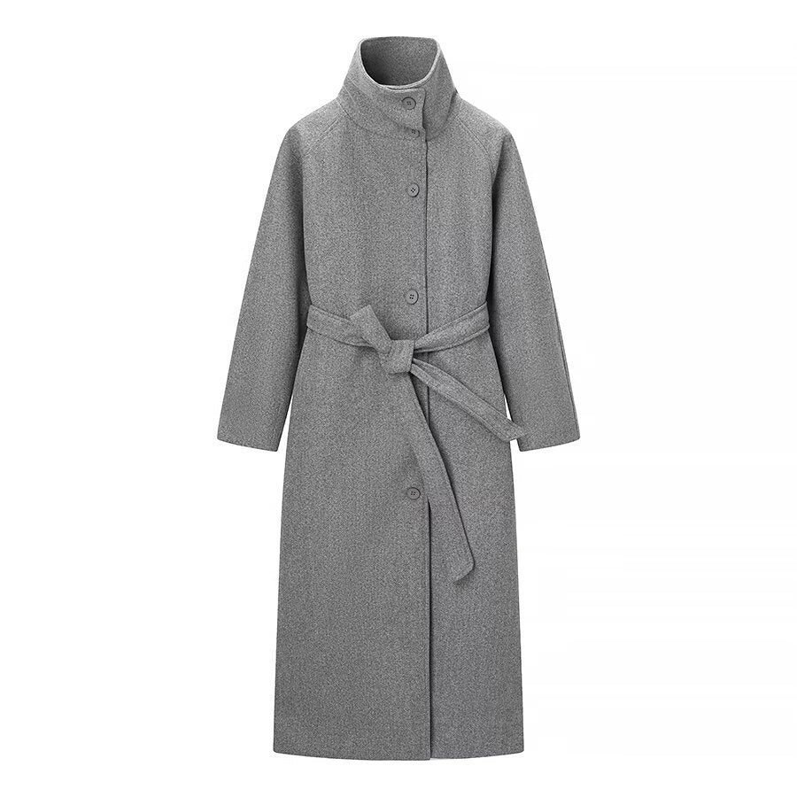 Damen Langmantel mit Bindegürtel und hohem Stehkragen aus Wollmix Shop Nory