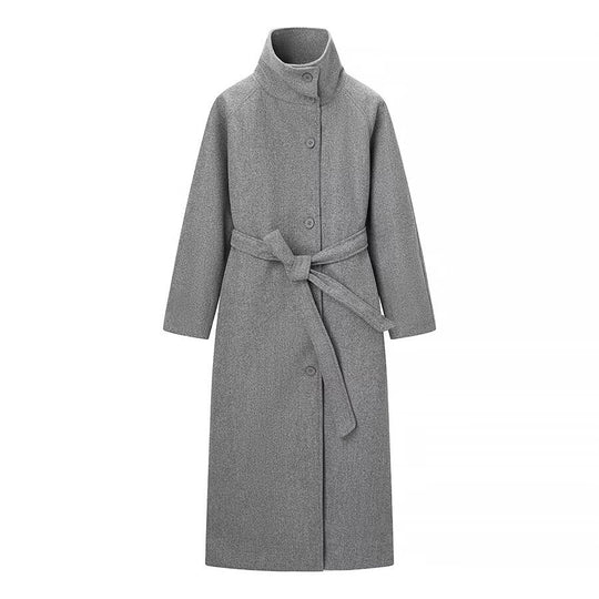 Damen Langmantel mit Bindegürtel und hohem Stehkragen aus Wollmix Shop Nory