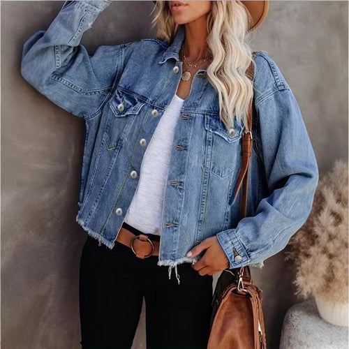 Damen Kurz geschnittene Oversize-Denimjacke mit ausgefranstem Saum und Pattentaschen Shop Nory
