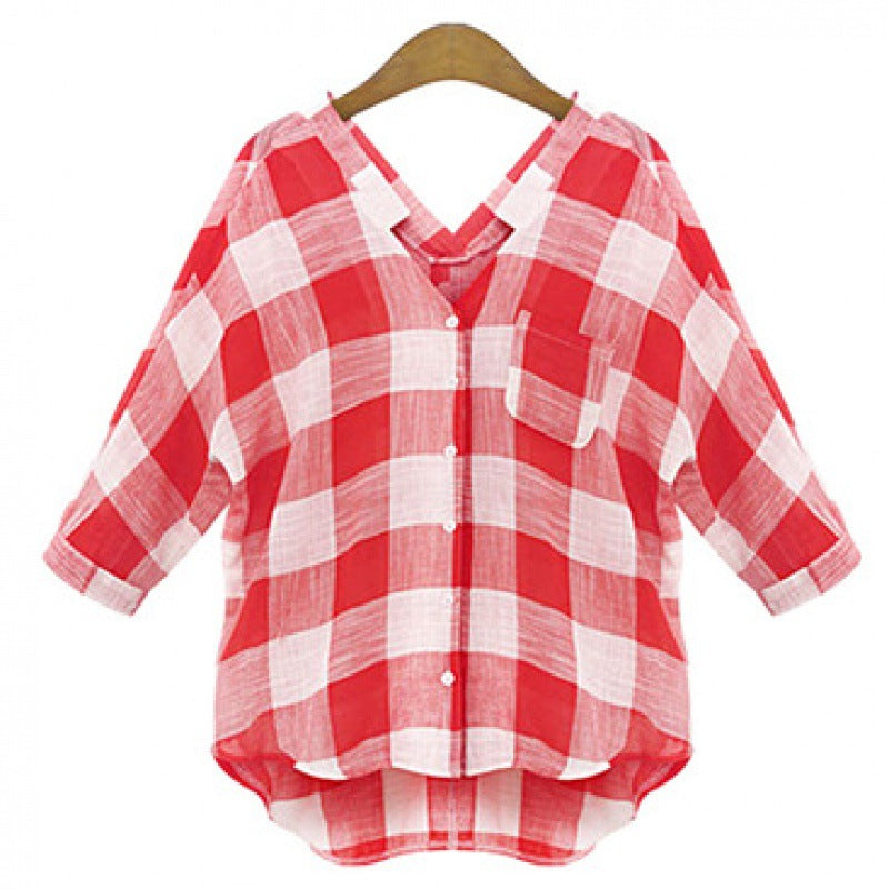 Damen lockeres kariertes Hemdblusen-Top mit V-Ausschnitt, 3/4-Ärmeln und High-Low-Saum Shop Nory