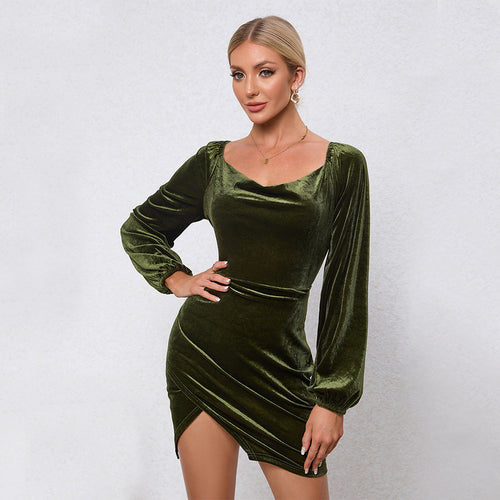 Damen Samtiges Wickel-Minikleid mit Wasserfall-Cowl, Ballonärmeln und asymmetrischer Raffung Shop Nory