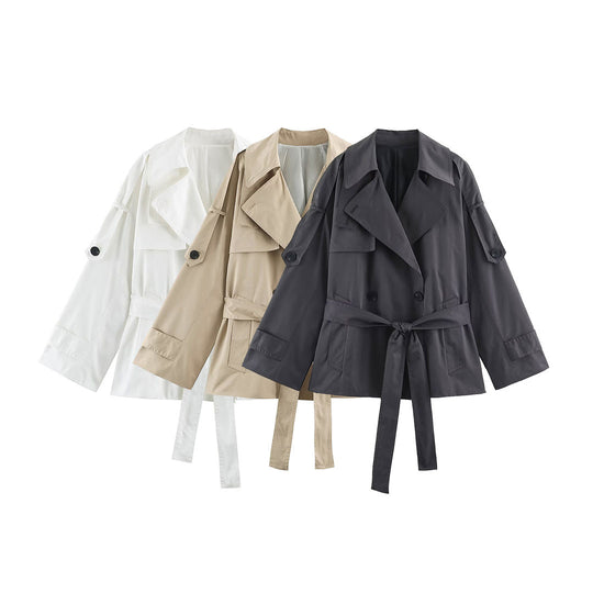Damen Kurzer leichter Trench-Mantel mit Bindegürtel, überschnittenen Schultern und doppelter Knopfleiste Shop Nory