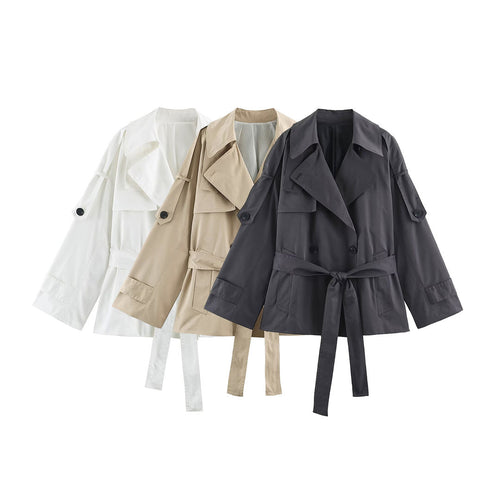Damen Kurzer leichter Trench-Mantel mit Bindegürtel, überschnittenen Schultern und doppelter Knopfleiste Shop Nory