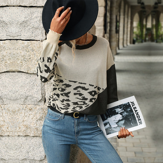 Damen Colorblock-Strickpullover mit Leoprint und Rundhalsausschnitt Shop Nory