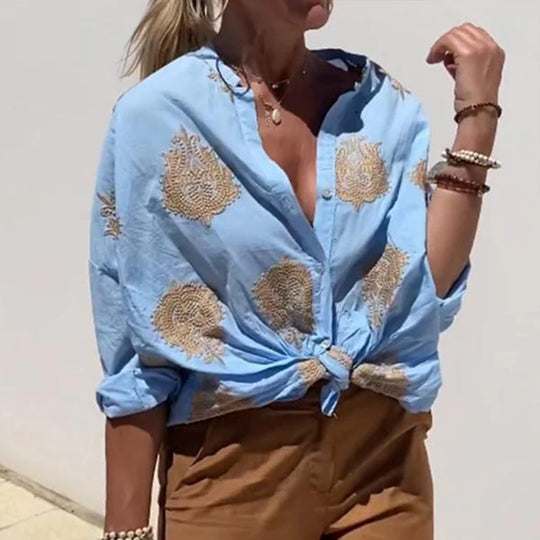 Damen Boho Leinen Bluse mit Perlenstickerei und Knotenband Shop Nory