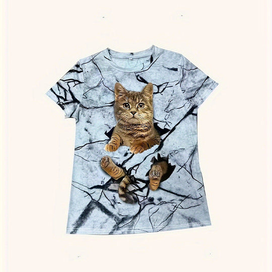 Damen T-Shirt mit 3D-Katzenmotiv und kreativem Rissdesign