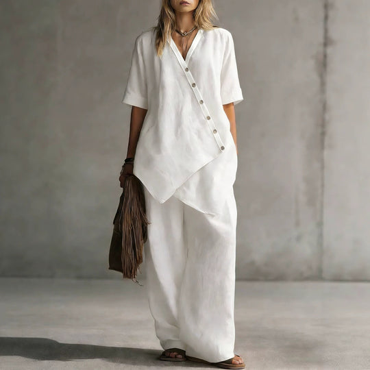 Damen Leinen-Zweiteiler mit asymmetrischer Knopfleiste und weiter Palazzo-Hose Shop Nory