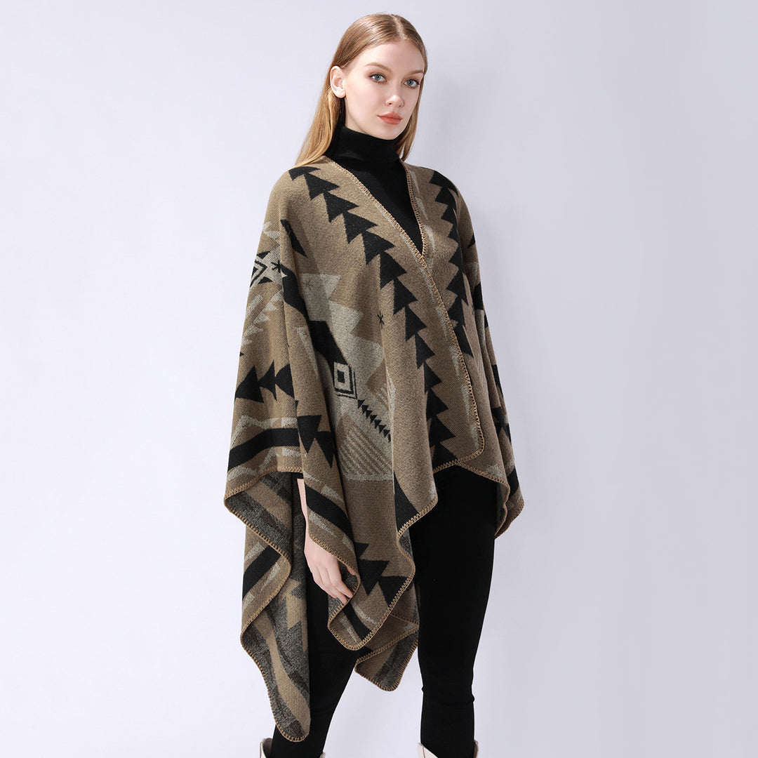 Damen Wollmix-Umhang mit grafischem Ethno‑Muster und Zierkettelnaht Shop Nory