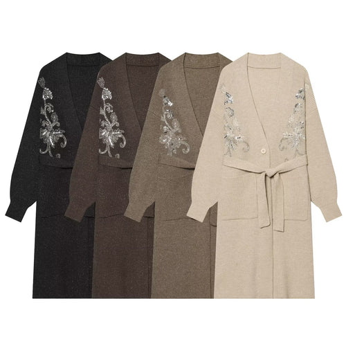 Damen langer Strickcardigan mit Taillengürtel und Paillettenstickerei Shop Nory