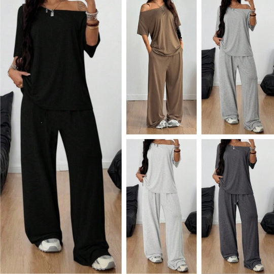 Damen Lässiges Lounge-Set aus weichem Jersey mit weiter Palazzohose und schulterfreiem Oversize-Top Shop Nory