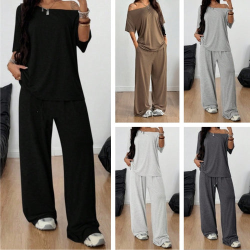 Damen Lässiges Lounge-Set aus weichem Jersey mit weiter Palazzohose und schulterfreiem Oversize-Top Shop Nory
