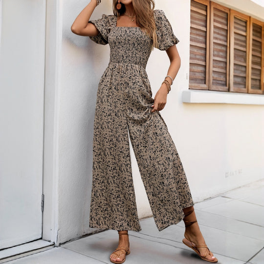 Damen Floraler Smocked-Jumpsuit mit Karree-Ausschnitt, Puffärmeln und weitem Beinschnitt Shop Nory