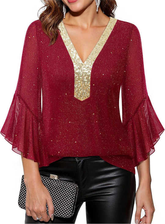 Damen Festliche Mesh-Bluse mit V-Ausschnitt, Paillettenbesatz und Volantärmeln Shop Nory