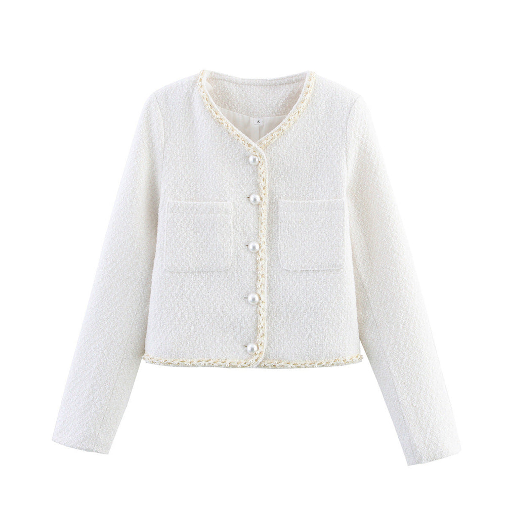 Damen modische Bouclé-Jacke mit eleganten Taschen und perlverzierten Knöpfen