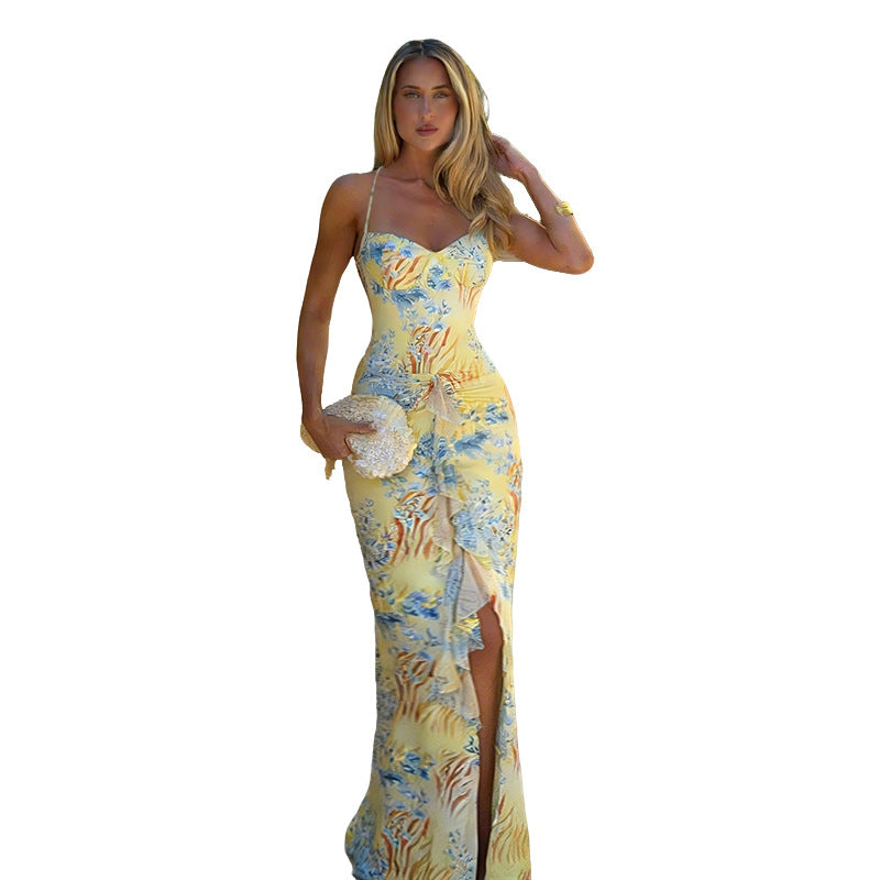 Damen figurbetontes Maxikleid mit floralem Muster und sexy Schlitz