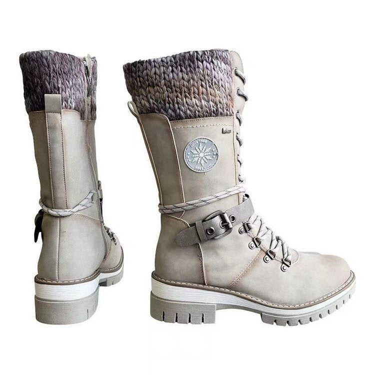 Damen nan knöchel- bis wadenhohe Schnürstiefel mit gestrickter Manschette, wasserdichter Membran, dekorativer Schnallenlasche und robuster Profilsohle Shop Nory