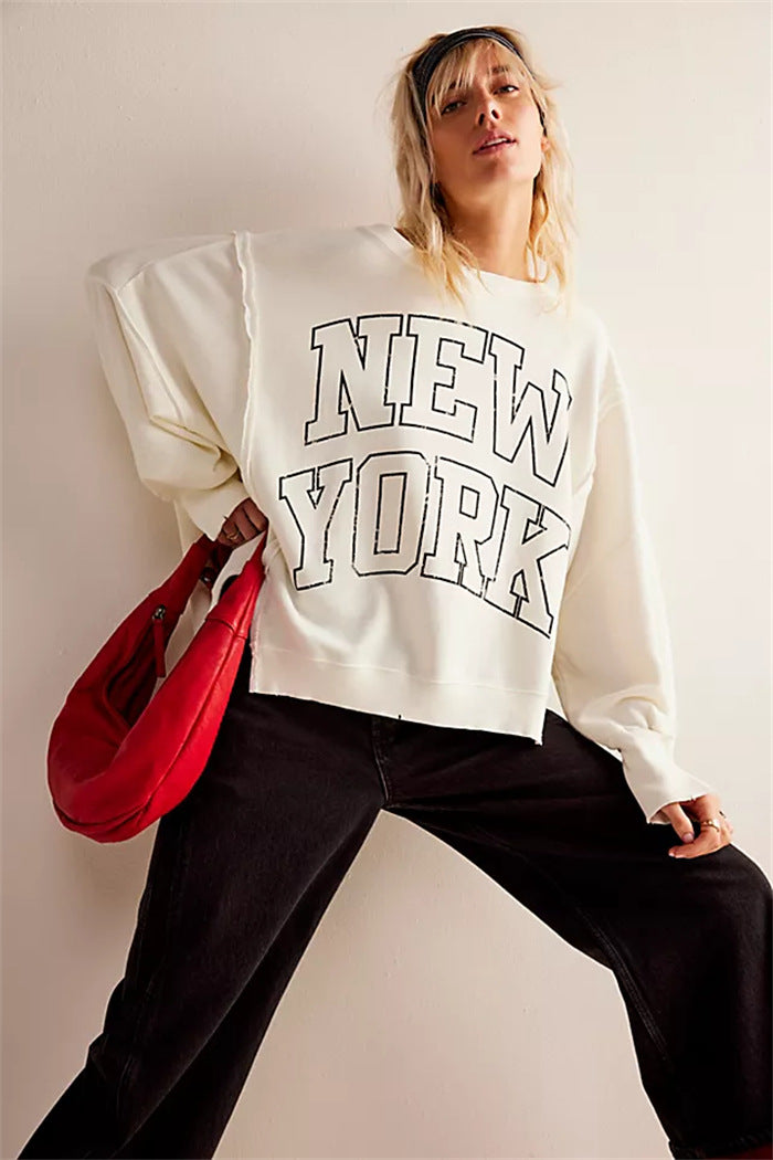 Damen oversized Sweatshirt mit Rüben-Print, ausgefransten Nahtakzenten und Daumenlochärmeln Shop Nory