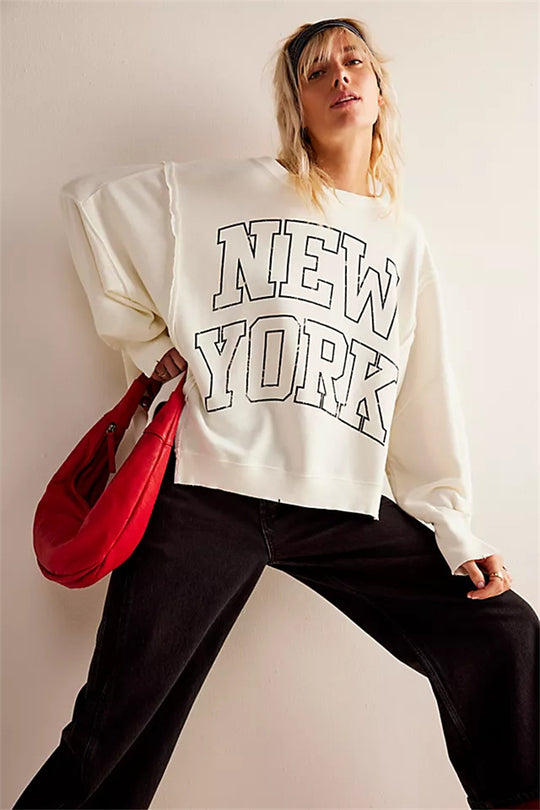 Damen oversized Sweatshirt mit Rüben-Print, ausgefransten Nahtakzenten und Daumenlochärmeln Shop Nory