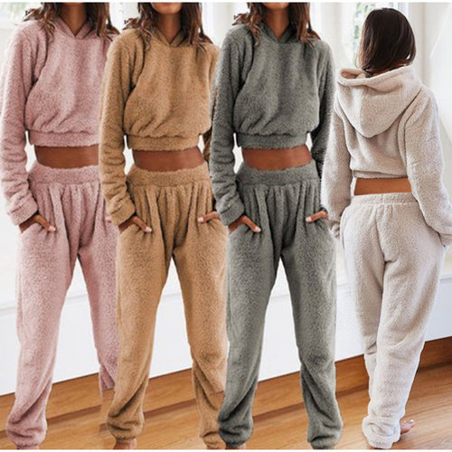 Damen Kuschelige Teddy-Fleece-Loungewear mit Cropped-Hoodie und High-Waist-Jogginghose Shop Nory
