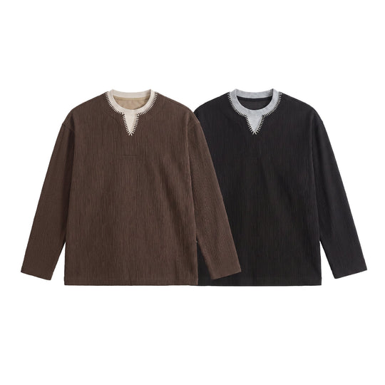 Herren Texturierter Sweatshirt-Pullover mit Lagenkragen und dekorativer Ziernaht Shop Nory