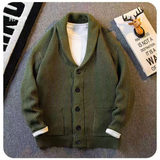 Herren Schalkragen-Cardigan aus grobem Rippstrick mit Taschen & Knopfleiste Shop Nory