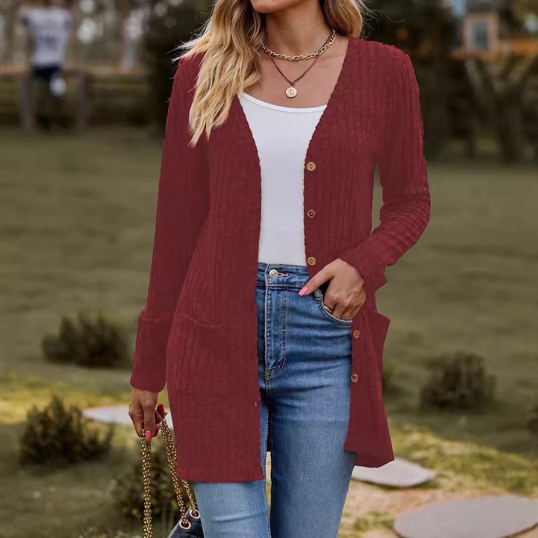 Damen nan langer gerippter Strickcardigan mit Eingrifftaschen und Holzknöpfen Shop Nory