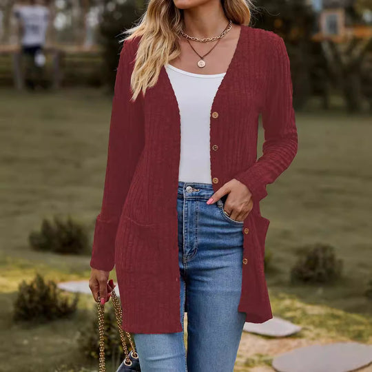 Damen nan langer gerippter Strickcardigan mit Eingrifftaschen und Holzknöpfen Shop Nory