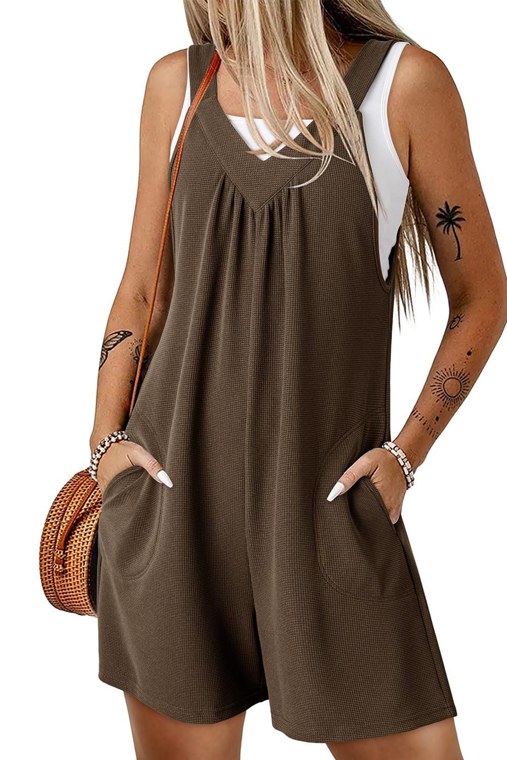 Damen Ärmelloser Waffel-Shorts-Overall mit V‑Ausschnitt und Eingrifftaschen Shop Nory