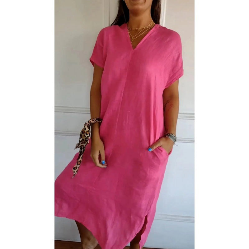 Damen Lässiges V-Ausschnitt Kleid mit praktischen Taschen und oversize Schnitt Shopnory