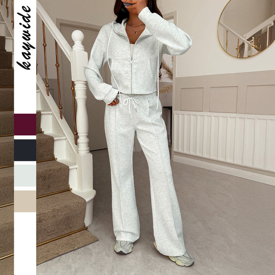 Damen nan kurzgeschnittenes Kapuzen-Sweatset mit Reißverschluss und hochtaillierter Schlaghose Shop Nory