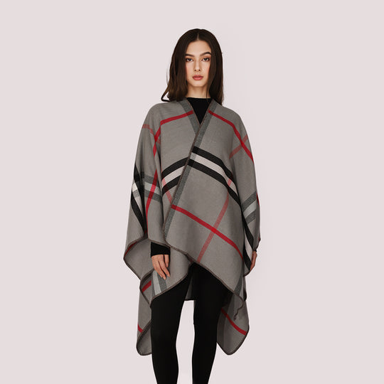 Damen Karierter Wollmix‑Poncho im Oversize‑Cape‑Schnitt mit Zierstichkante Shop Nory