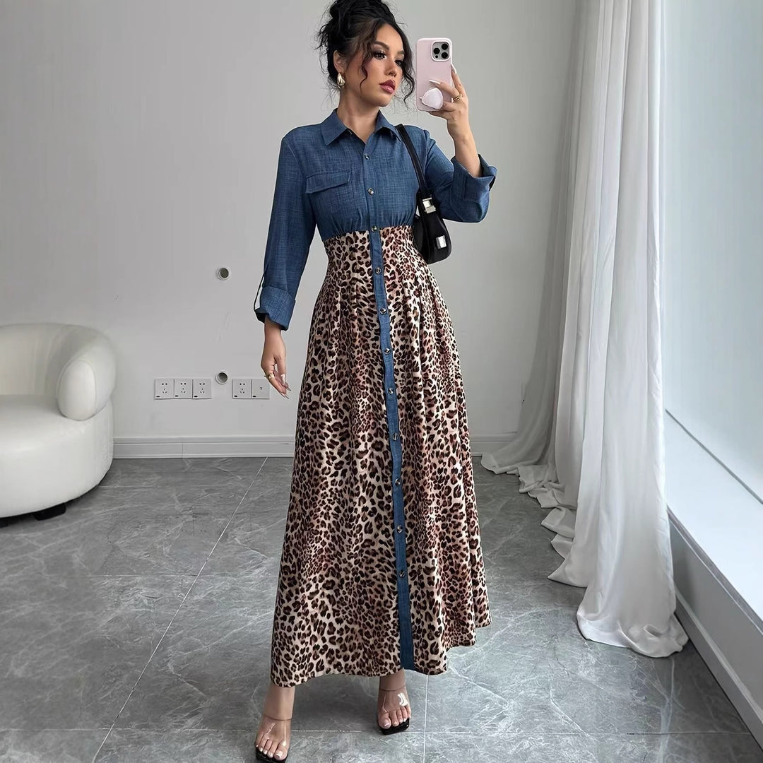 Damen Hemdblusenkleid mit Jeansoberteil und Leoparden-Maxirock Shop Nory