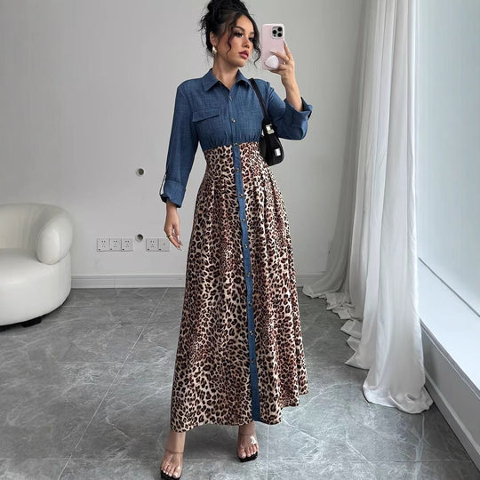 Damen Hemdblusenkleid mit Jeansoberteil und Leoparden-Maxirock Shop Nory
