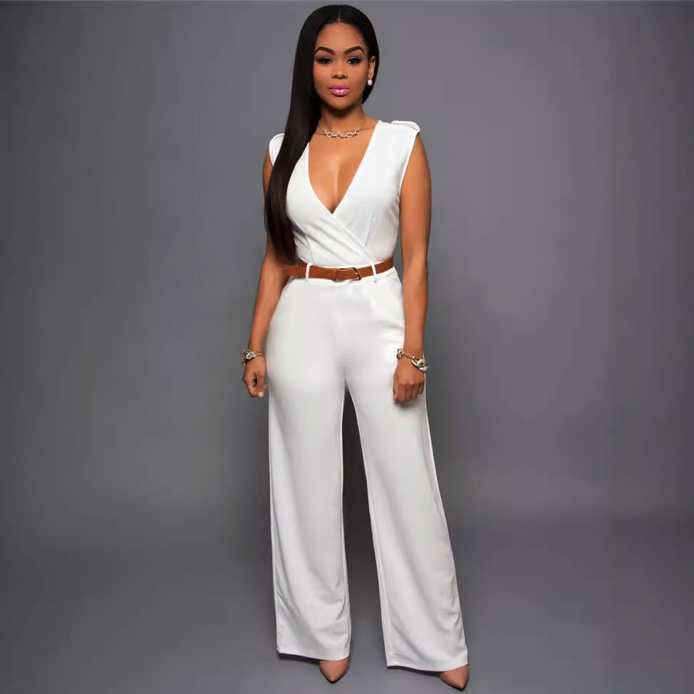 Damen Eleganter Wickel-Jumpsuit mit weitem Bein und Taillengürtel