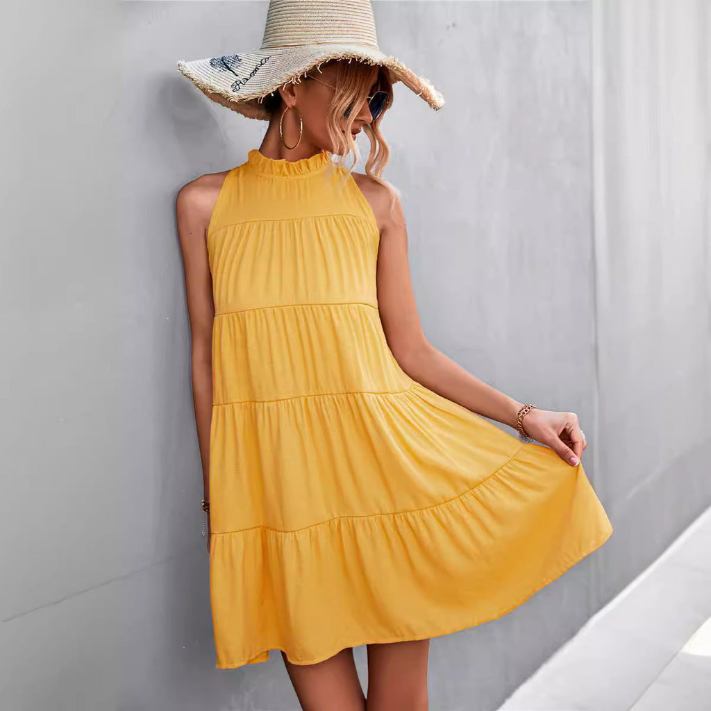 Damen Sommerliches Halterkleid mit Rüschen und schwingendem Rock Shopnory