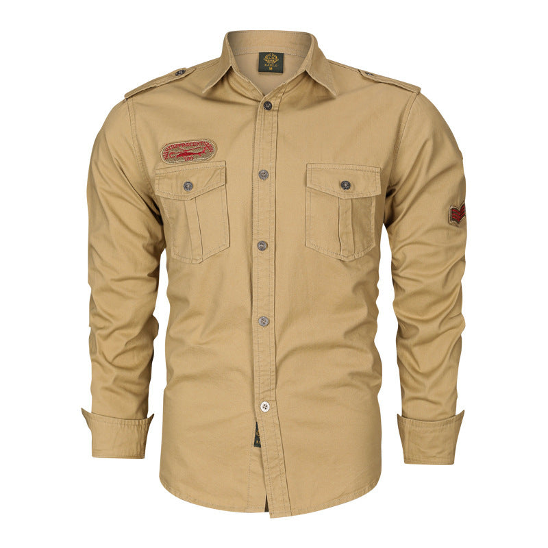 Herren Militärisches Baumwollhemd mit Schulterklappen, Pattentaschen und Stickpatches Shop Nory