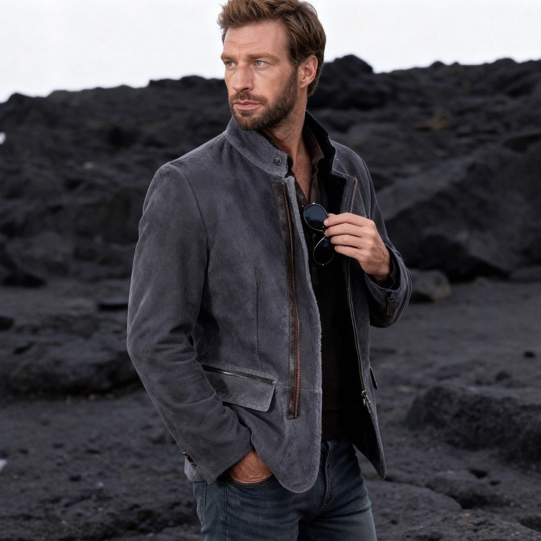 Herren nan elegante Wildlederjacke mit Stehkragen und verdecktem Reißverschluss Shop Nory