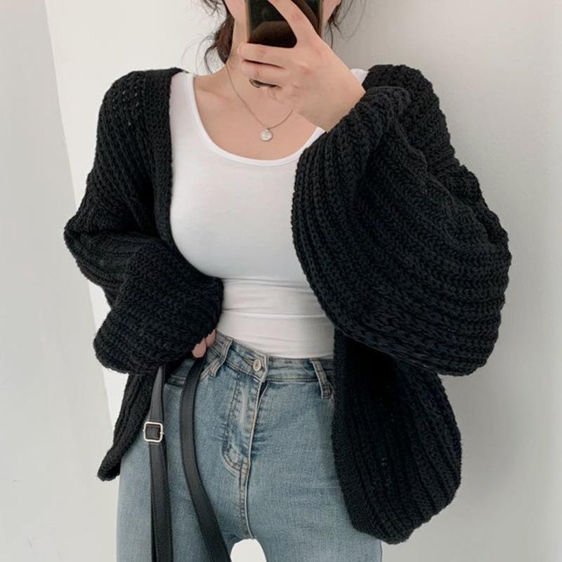 Damen grob gestrickte Oversized Cardigan mit tiefem V-Ausschnitt