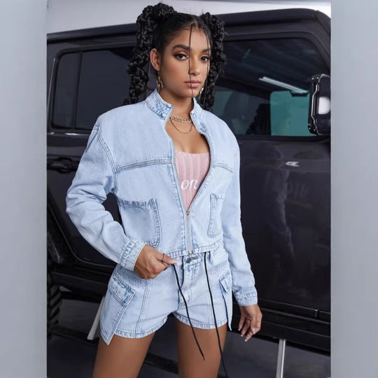 Damen kurzes Denim-Set mit Cropped-Jacke und Cargo-Shorts Shop Nory